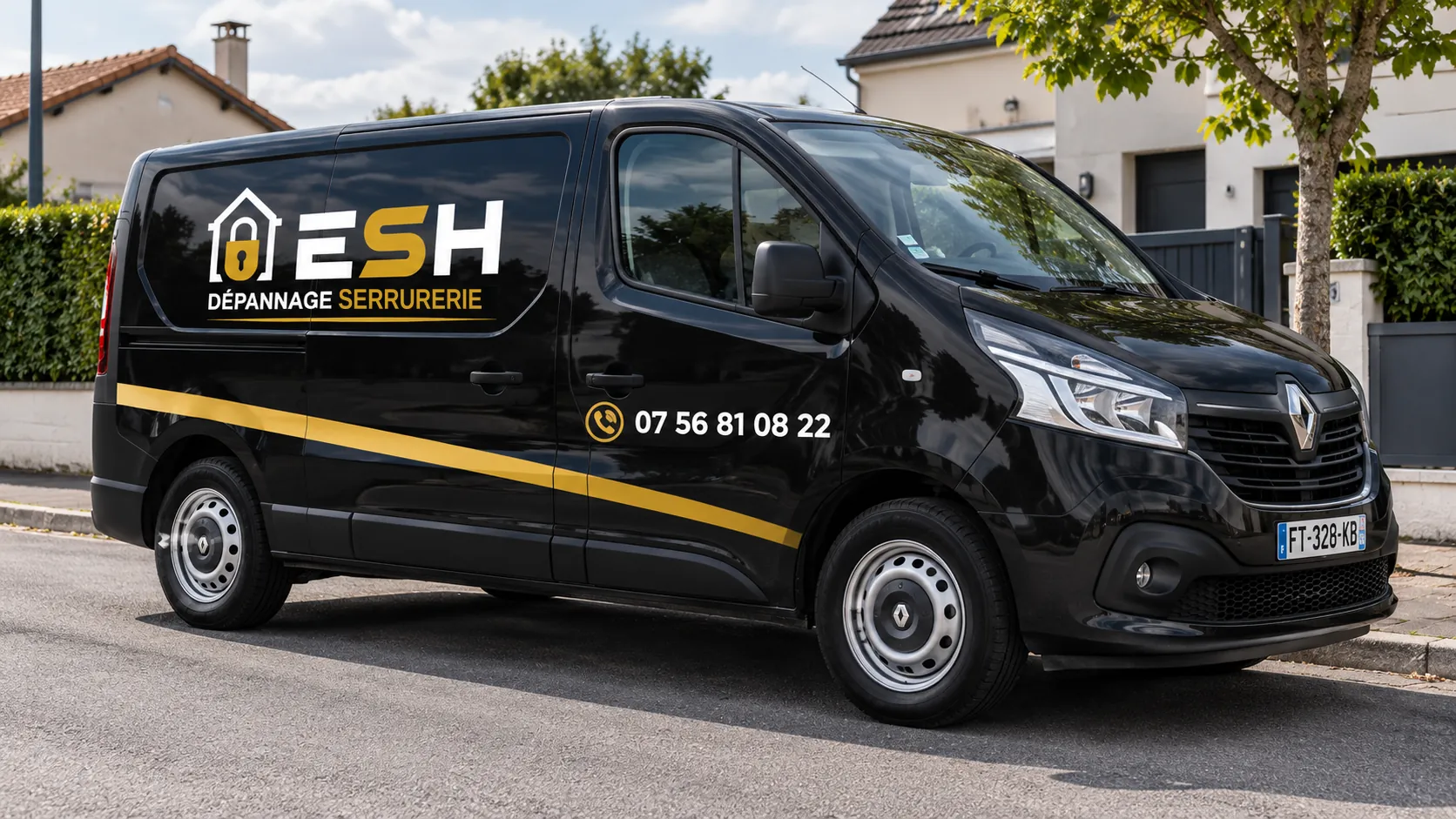 Utilitaire Renault noir ESH Dépannage Serrurerie avec bande dorée et numéro 07 56 81 08 22